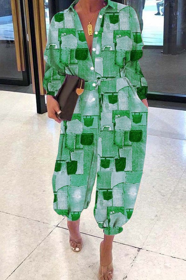 Green Casual Print Patchwork Turndown Collar Regular Jumpsuits