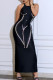 Black Sexy Celebrities Elegant Hot Drilling O Neck Wrapped Skirt Dresses