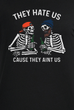 Black Street Print Skull Patchwork O Neck T-Shirts