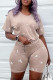 Khaki Casual Print Basic O Neck Short Sleeve Two Pieces