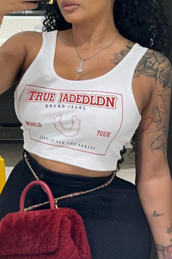 White Casual Print Basic U Neck Tops