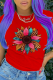 Red Daily Print Patchwork O Neck T-Shirts