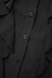 Black Casual Solid Patchwork Asymmetrical Turndown Collar Shirt Dress Dresses