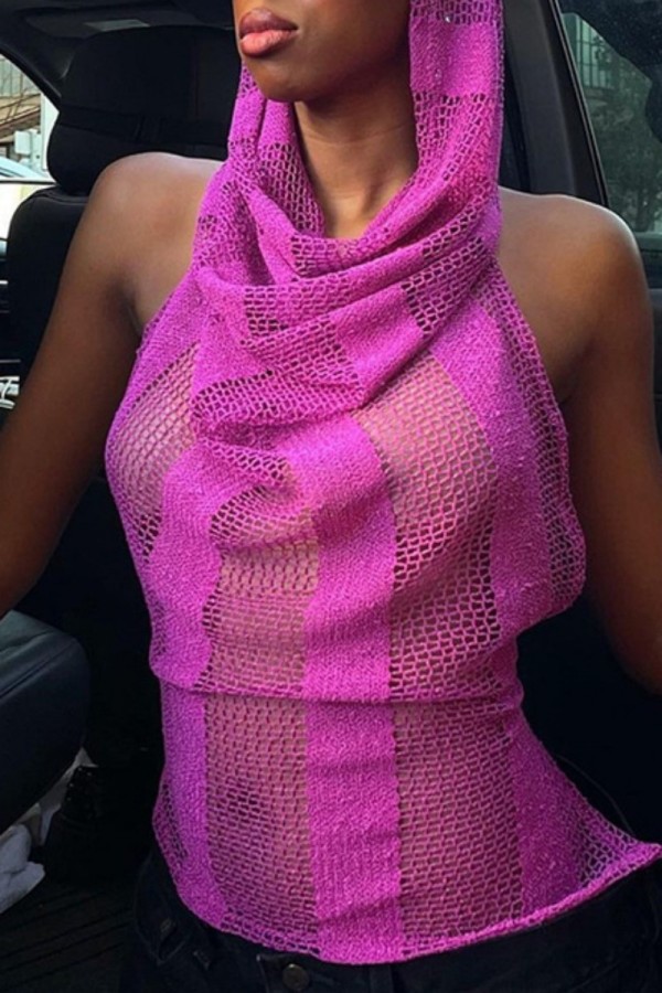 Rose Red Sexy Casual Solid Bandage See-through Backless Hooded Collar Tops
