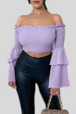 Apricot Pink Casual Solid Patchwork Off the Shoulder Tops