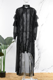 Black Casual Solid Patchwork Asymmetrical Turndown Collar Shirt Dress Dresses