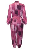 Pink Casual Print Patchwork Turndown Collar Regular Jumpsuits
