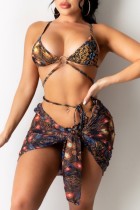 Yellow Sexy Print Bandage Backless Swimsuit Three Piece Set (With Paddings)