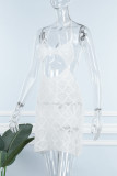 White Sexy Solid Bandage Hollowed Out Backless Oblique Collar Sleeveless Dress Dresses