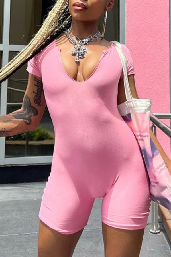 Pink Casual Solid Hollowed Out V Neck Skinny Romper