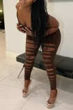 Coffee Sexy Casual Solid Hollowed Out U Neck Skinny Jumpsuits