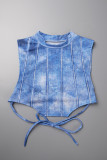 Blue Casual Street Print Bandage Patchwork Asymmetrical O Neck Sleeveless Two Pieces