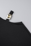 Black Casual Print Basic Oblique Collar T-Shirts