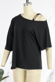 Black Casual Print Basic Oblique Collar T-Shirts