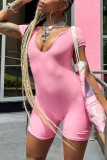 Pink Casual Solid Hollowed Out V Neck Skinny Romper