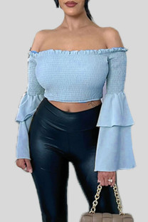 Sky Blue Casual Solid Patchwork Off the Shoulder Tops