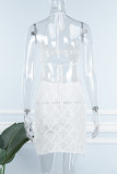 White Sexy Solid Bandage Hollowed Out Backless Oblique Collar Sleeveless Dress Dresses