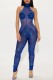 Blue Patchwork Sequins See-through Backless Halter Skinny Jumpsuits