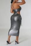 Silver Sexy Solid Hollowed Out Patchwork Frenulum Spaghetti Strap One Step Skirt Dresses