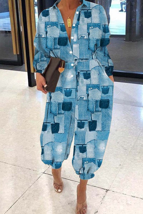 Blue Casual Print Patchwork Turndown Collar Regular Jumpsuits