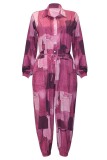 Pink Casual Print Patchwork Turndown Collar Regular Jumpsuits