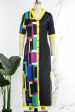 Black Casual Geometric Print Patchwork Buckle Slit Mandarin Collar Shirt Dress Dresses