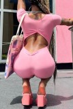 Pink Casual Solid Hollowed Out V Neck Skinny Romper
