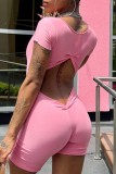 Pink Casual Solid Hollowed Out V Neck Skinny Romper