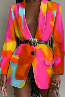 Pink Orange Casual Work Elegant Print Buttons Turn-back Collar Outerwear(With Belt)