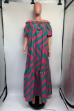 Red Green Casual Striped Print Off the Shoulder Long Dress Dresses