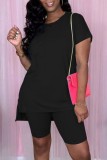 Black Casual Solid Slit O Neck Short Sleeve Two Pieces