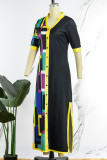 Black Casual Geometric Print Patchwork Buckle Slit Mandarin Collar Shirt Dress Dresses