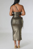 Silver Sexy Solid Hollowed Out Patchwork Frenulum Spaghetti Strap One Step Skirt Dresses