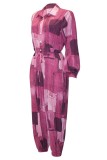 Pink Casual Print Patchwork Turndown Collar Regular Jumpsuits