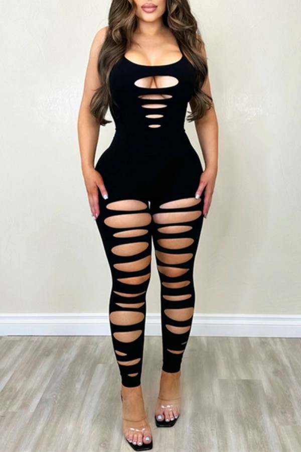 Black Sexy Casual Solid Hollowed Out U Neck Skinny Jumpsuits