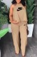 Khaki Casual Print Letter O Neck Sleeveless Two Pieces