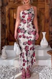 Champagne Sexy Print Backless Oblique Collar Long Dress Dresses