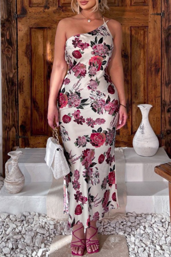 Champagne Sexy Print Backless Oblique Collar Long Dress Dresses