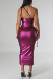 Silver Sexy Solid Hollowed Out Patchwork Frenulum Spaghetti Strap One Step Skirt Dresses