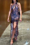 Black Sexy Casual Street College Print Tassel Mesh Oblique Collar Irregular Dress Dresses
