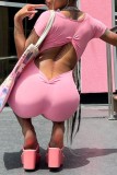Pink Casual Solid Hollowed Out V Neck Skinny Romper