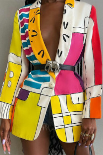 Yellow Casual Work Elegant Print Buttons Turn-back Collar Outerwear(With Belt)