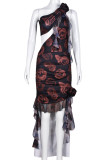 Black Sexy Casual Street College Print Tassel Mesh Oblique Collar Irregular Dress Dresses