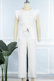 White Casual Work Elegant Solid Frenulum O Neck Regular Jumpsuits(With Belt)
