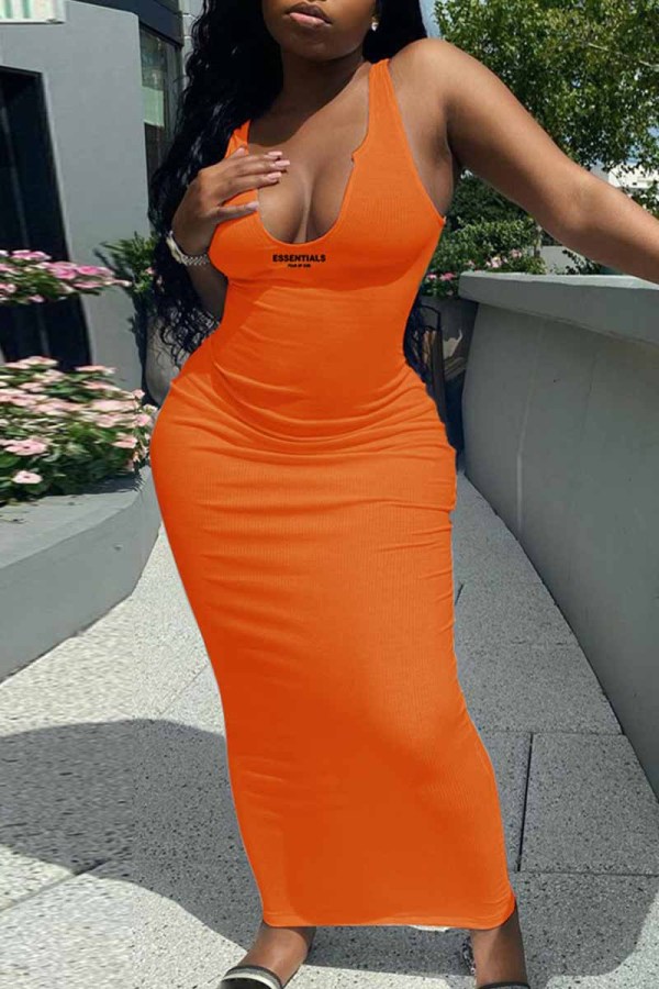 Orange Street Print Letter V Neck One Step Skirt Dresses