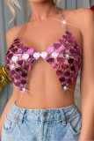 Rose Red Sexy Patchwork Patchwork Chains Backless Halter Tops