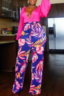 Rose Red Casual Print Patchwork V Neck Plus Size Jumpsuits
