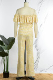 Colour Casual Print Patchwork Flounce Off the Shoulder Straight Jumpsuits