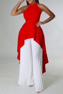 Red White Casual Street Elegant Solid Backless Flounce Fold Halter Sleeveless Two Pieces