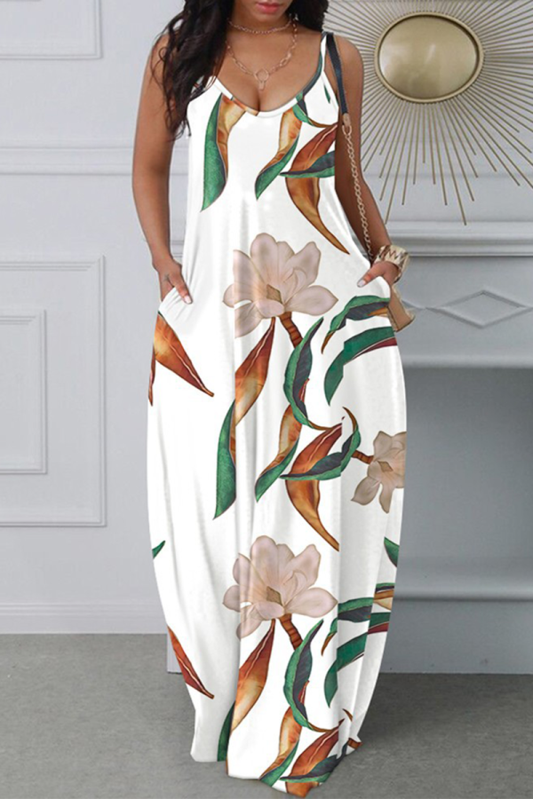 White Casual Print Patchwork Spaghetti Strap Straight Dresses
